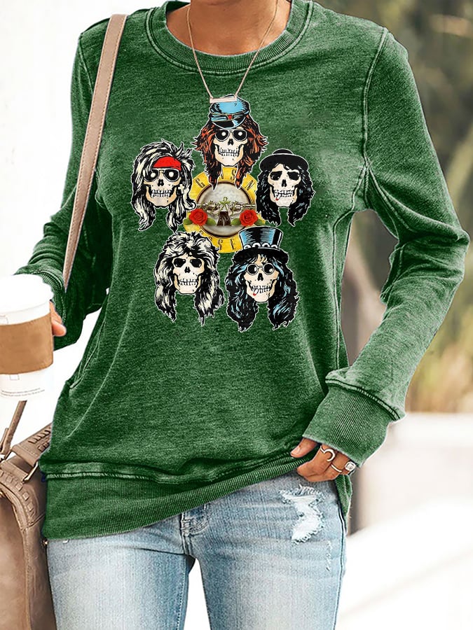 Retro Rock Skull And Rose Print Sweatshirt