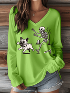 Women's Halloween French Bulldog Print V-Neck Long Sleeve T-Shirt