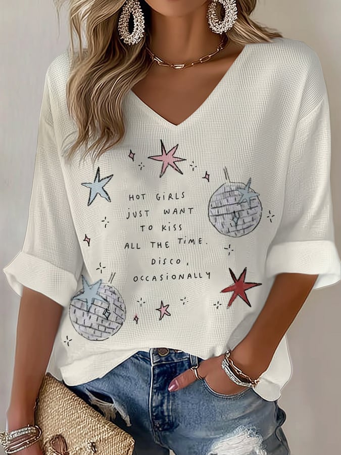 Women's V-Neck Retro Hazza Print T-Shirt