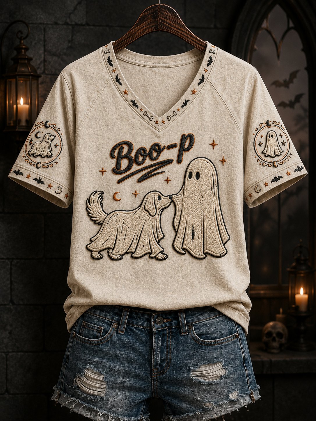 Women's Halloween Ghost Animal Dog Boo-p Printed V-neck T-shirt