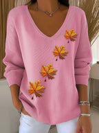 Women's Autumn Maple Leaf Striped Long-Sleeved Top