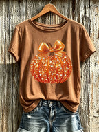 Women's Autumn Sequin Pumpkin Print Crew Neck T-Shirt
