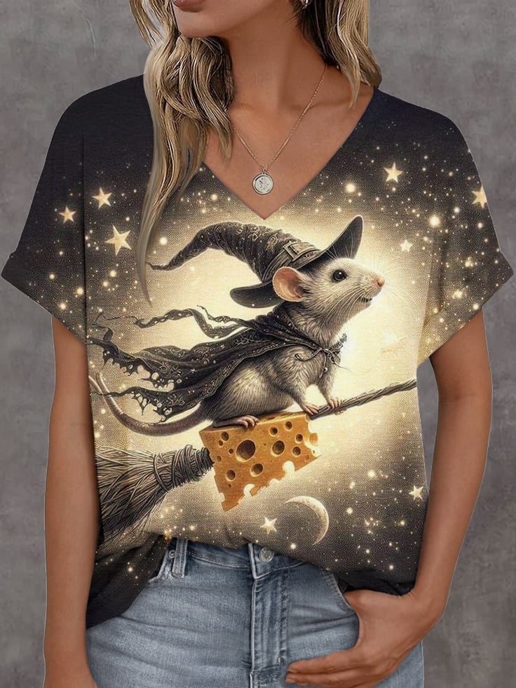 Witch Rat Halloween Art Print V-neck T-shirt