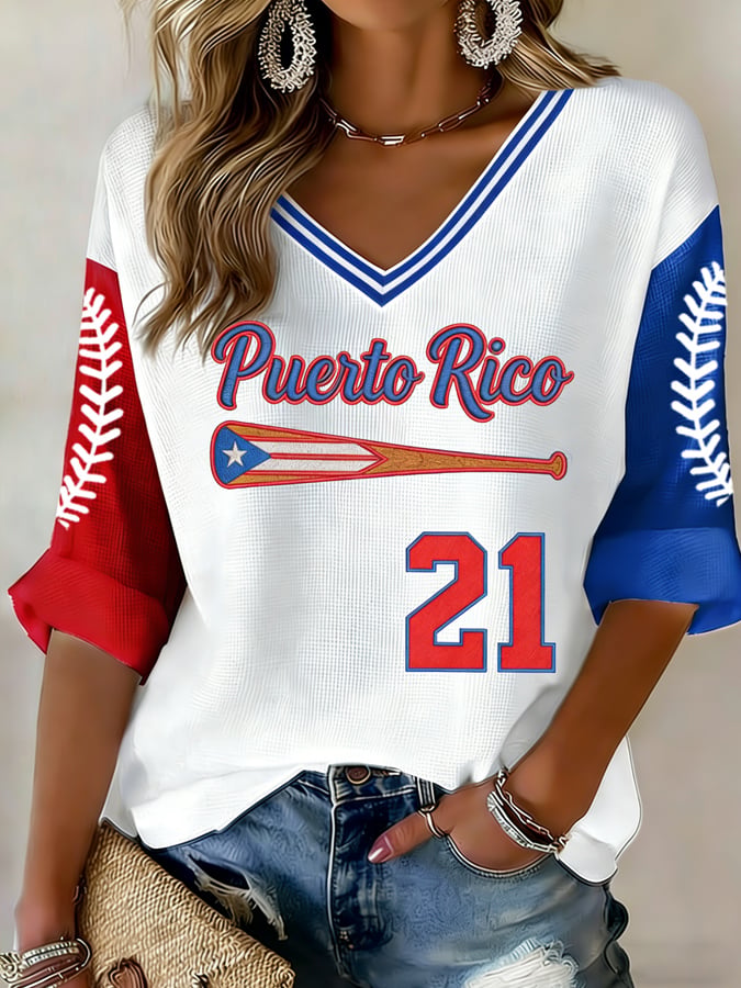 Women's Casual Baseball Printed Waffle Top