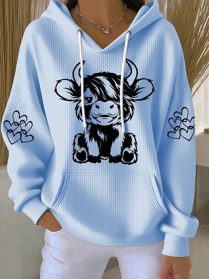 Women's Vintage Western Highland Cow Print Casual Hooded Sweatshirt