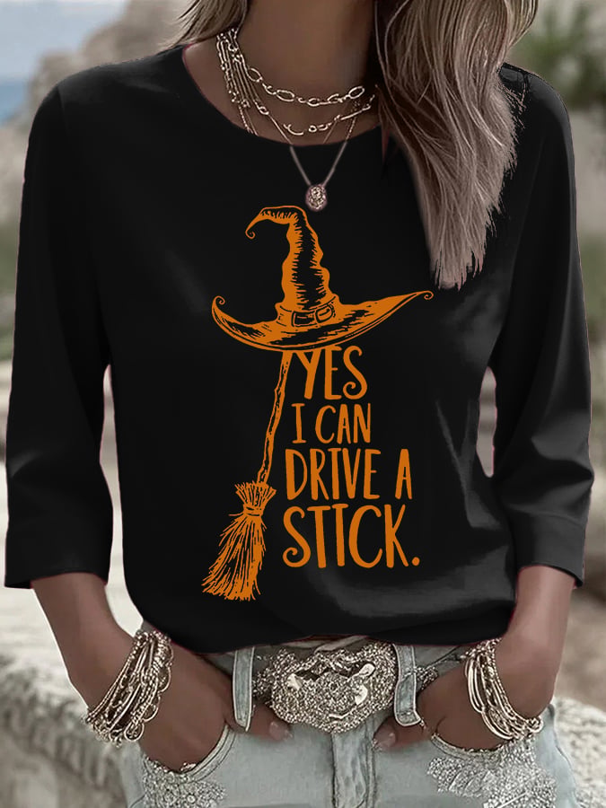 Women's Yes I Can Drive A Stick Printed Round Neck T-Shirt