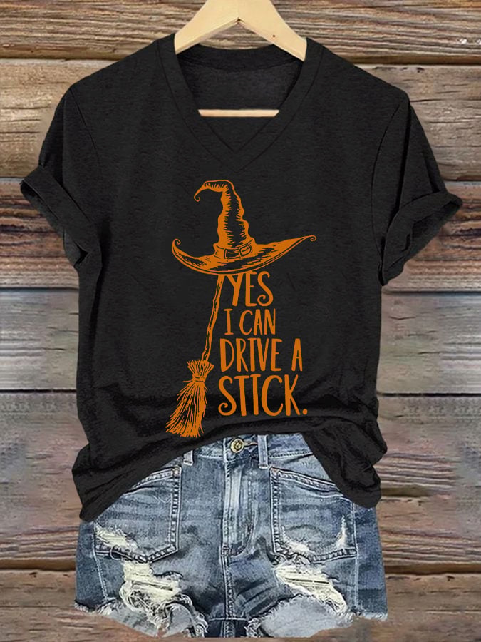 Women's Yes I Can Drive A Stick Print V Neck T-shirt