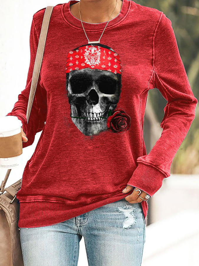Retro Rock Skull And Rose Print Sweatshirt