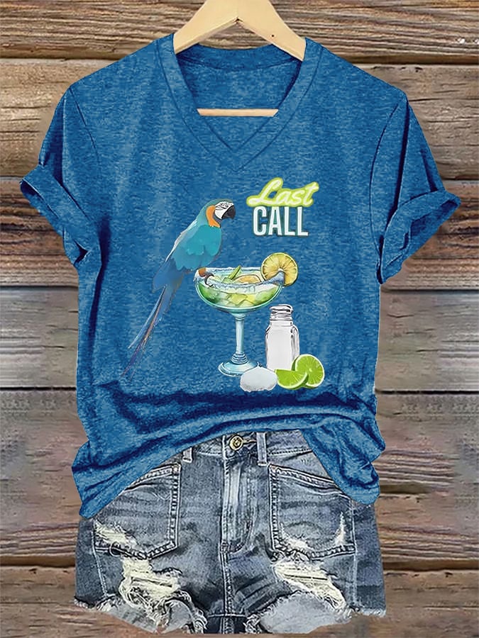 Women's Retro Parrot Margarita Print T-Shirt