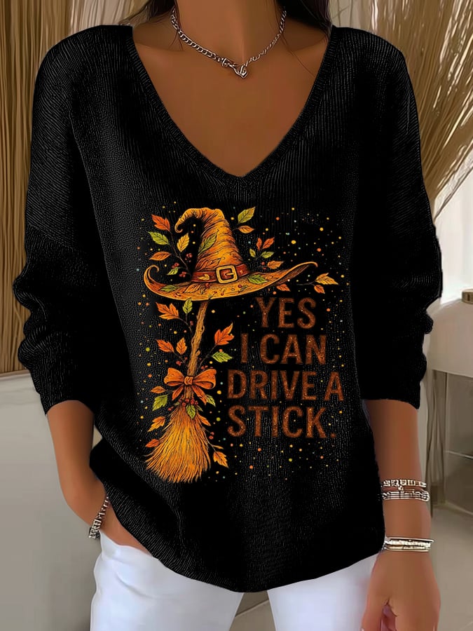 Women's Yes I Can Drive A Stick Print V Neck Sweater