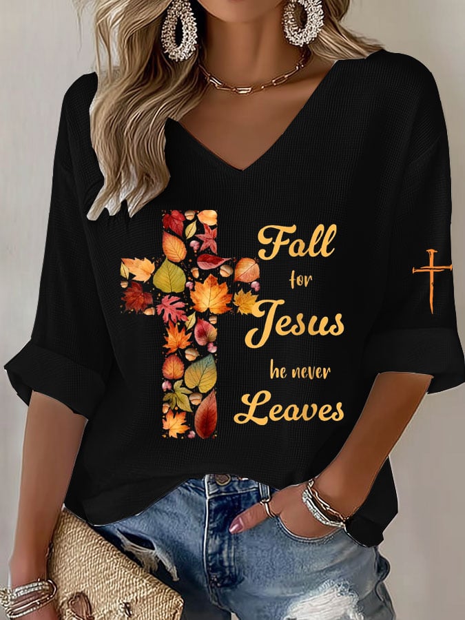 Women's Fall For Jesus He Never Leaves Waffle Long-Sleeved T-Shirt