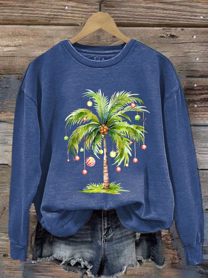 Women'S Casual Christmas Palm Tree Printed Long Sleeve Sweatshirt