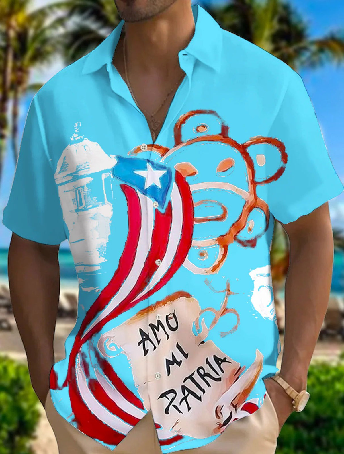 Puerto Rico Singer Beach Print Short Sleeve Shirts