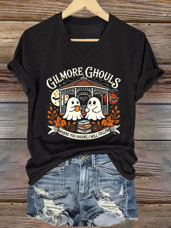 V-Neck Retro Gilmore Ghouls Where You Haunt, I Will Follow Print T-Shirt