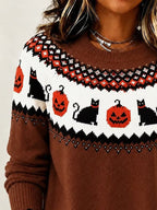 Women's Vintage Halloween Pumpkin and Cat Print Knit Top