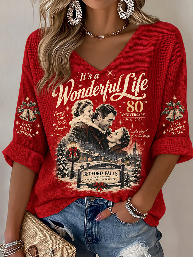 🔥🔥2nd 50% Off 🔥🔥Women's Every Time A Bell Rings An Angel Gets Its Wings Christmas Print V Neck Top