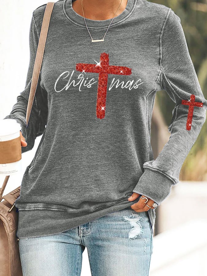 Retro Christmas Faith Cross Print Sweatshirt