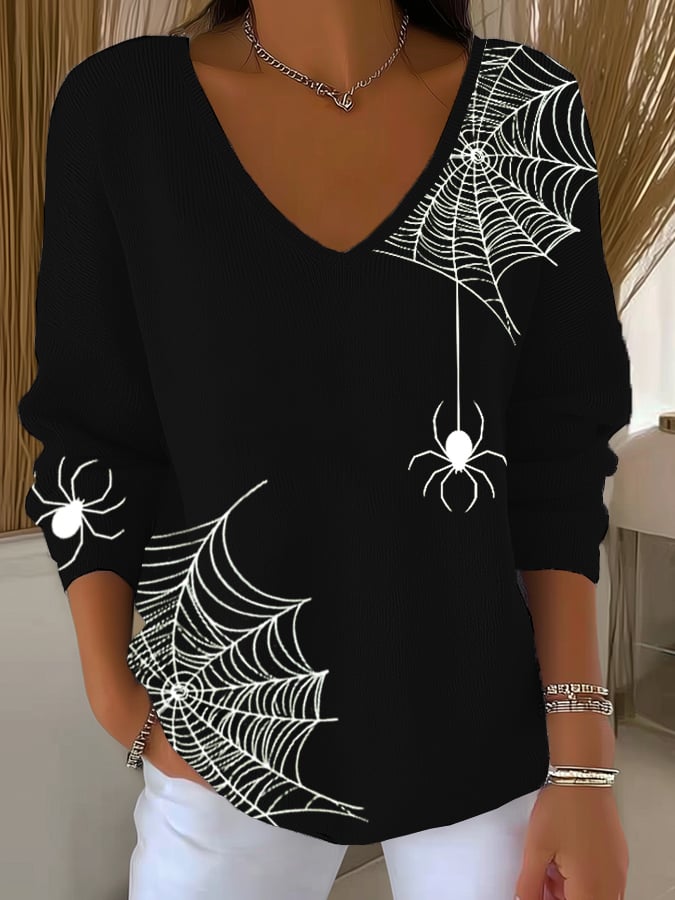 Women's Retro Spider Web Print Sweater