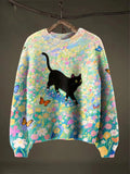 Black Cat Halloween Art Print Thin Sweater