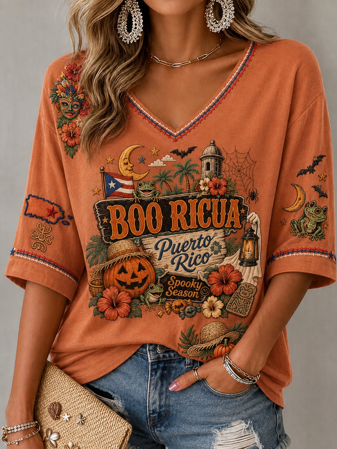Women's Puerto Rico Halloween Graphic Casual V-Neck T-Shirt