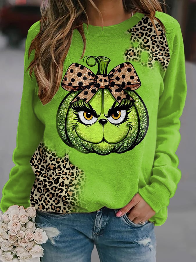 Women's Leopard Pumpkin Print Long Sleeve Sweatshirt