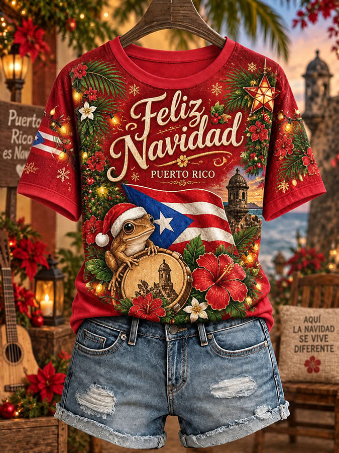 Women's Puerto Rico Christmas Print Casual T-shirt
