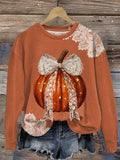 Women's  Halloween Lace Bow Pumpkin Printed Casual Sweatshirt