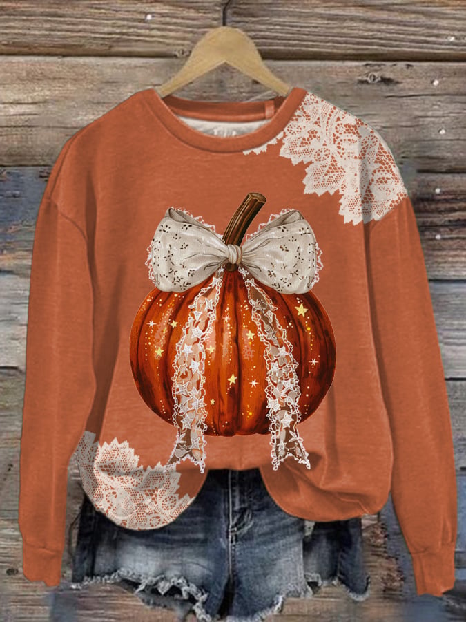 Women's  Halloween Lace Bow Pumpkin Printed Casual Sweatshirt