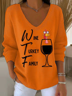 Women's Retro Wine Turkey Friends Print Sweater