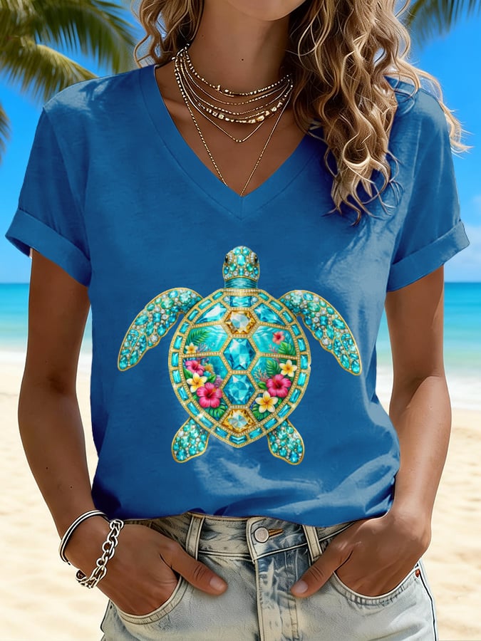 V-Neck Retro Vacation Beach Colorful Sea Turtle Floral Print T-Shirt