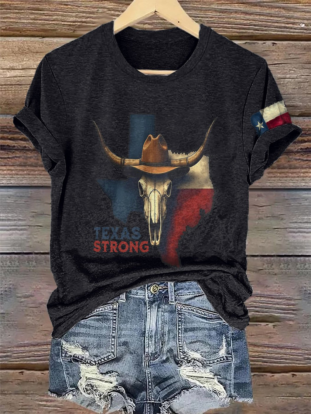 Retro Texas Strong Cow Skull Texas State Flag Print T-Shirt
