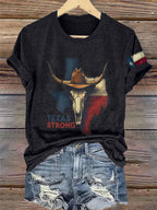 Retro Texas Strong Cow Skull Texas State Flag Print T-Shirt