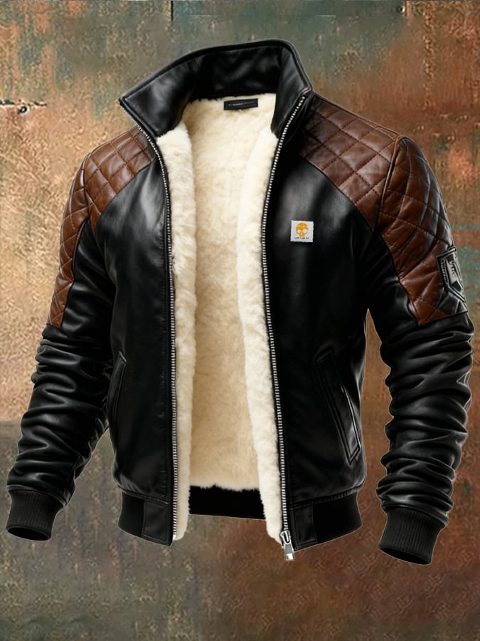 Men's Retro Leather Patchwork Quilted Plush Lined Multi-Pocket Outdoor Jacket