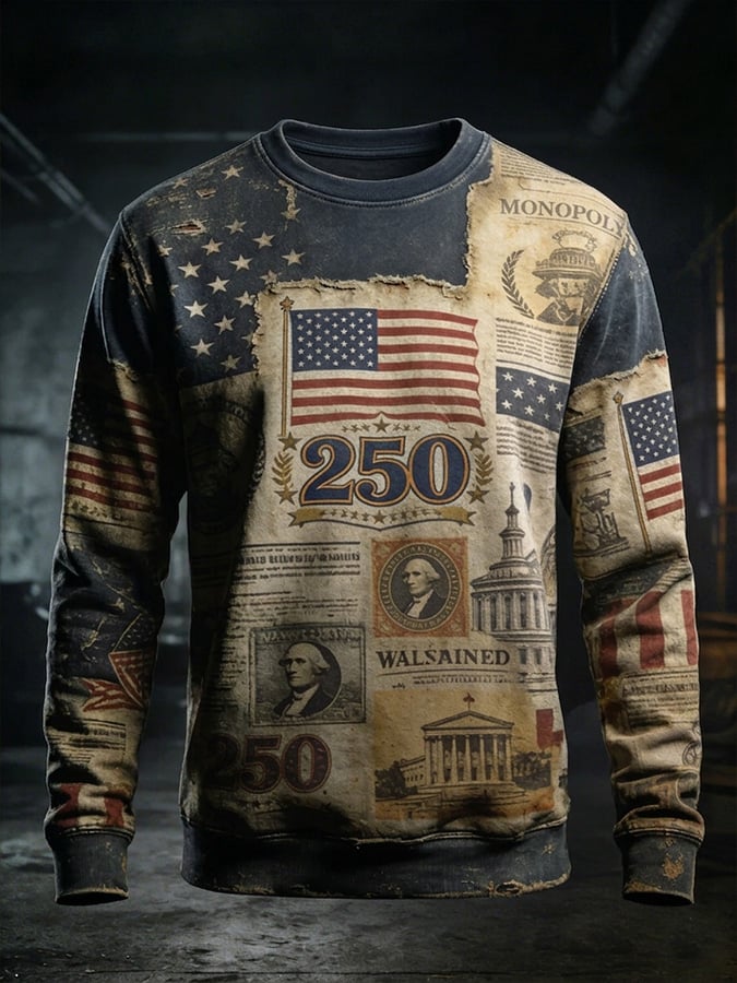 Men's Vintage Long-Sleeve T-Shirt with American 250th Anniversary Print