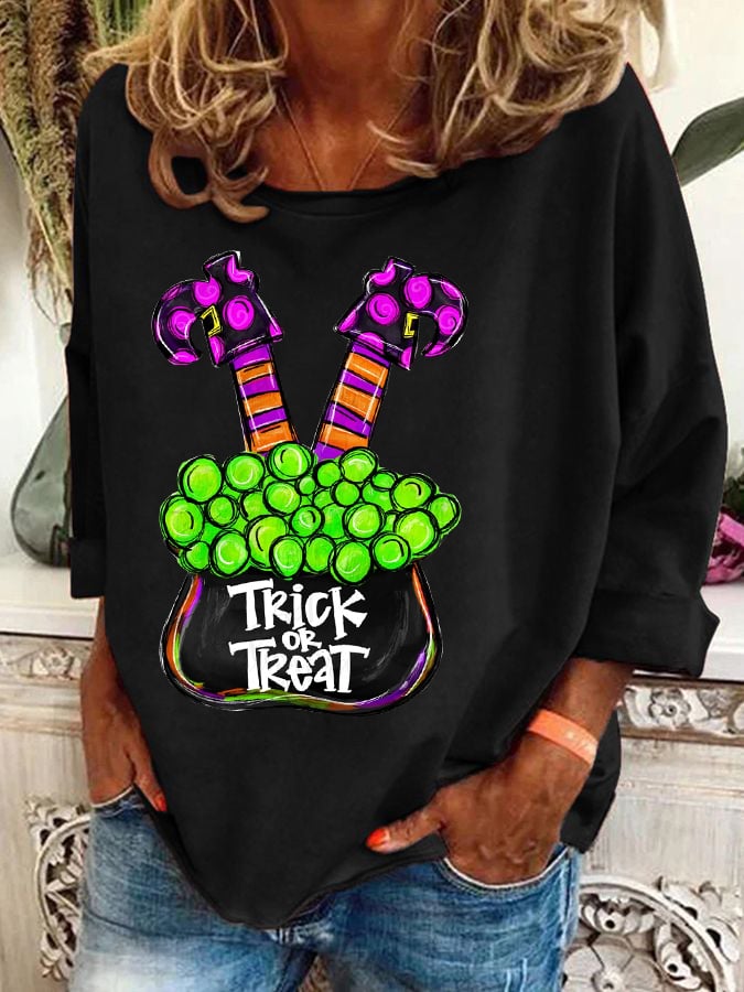 Women's Halloween Witch Print Crew Neck Sweatshirt