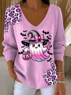 Women's Casual Pierced Breast Cancer Ghost Leopard Print Long Sleeve T-Shirt