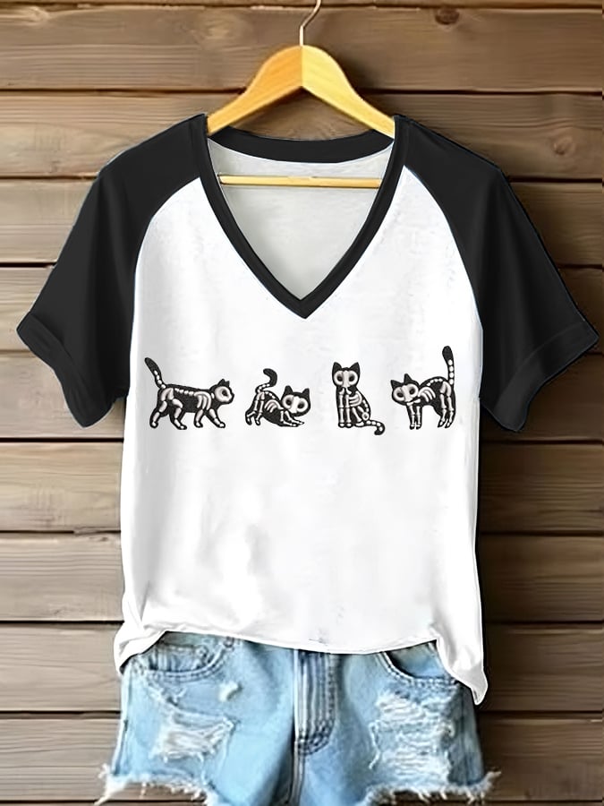 Women's Fun Cat Graphic Print V-Neck Raglan Comfortable Short Sleeve T-Shirt