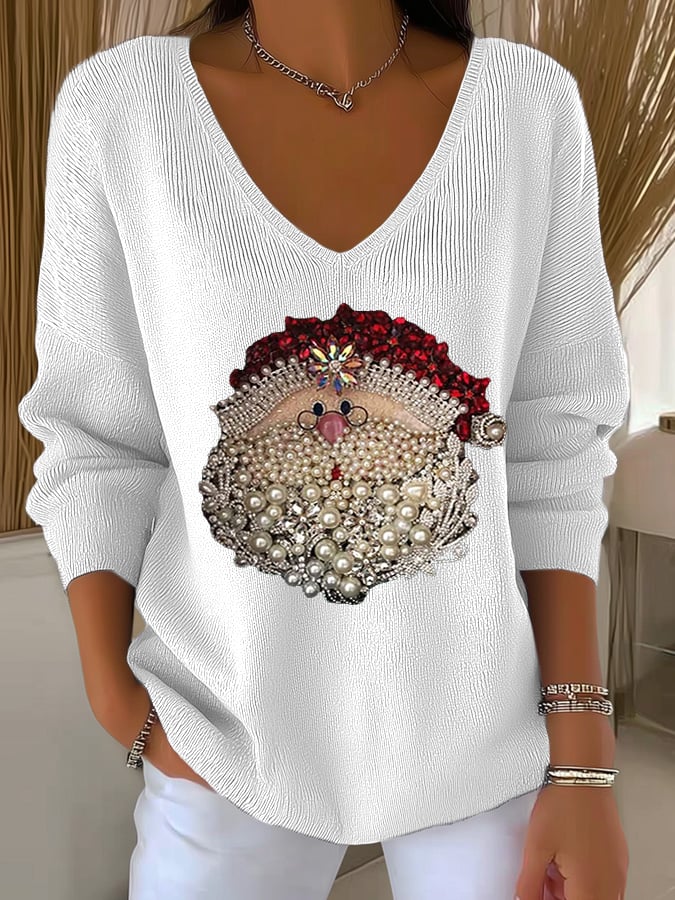 Women's Santa Claus Head Print Knit Top