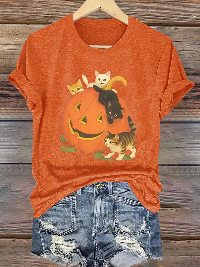 Women's Halloween Pumpkin Cat Print T-Shirt