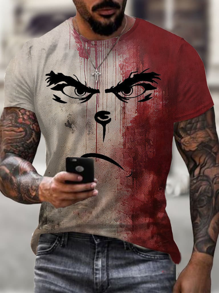 Men's Fashion Casual Halloween Horror Expression Print T-shirt