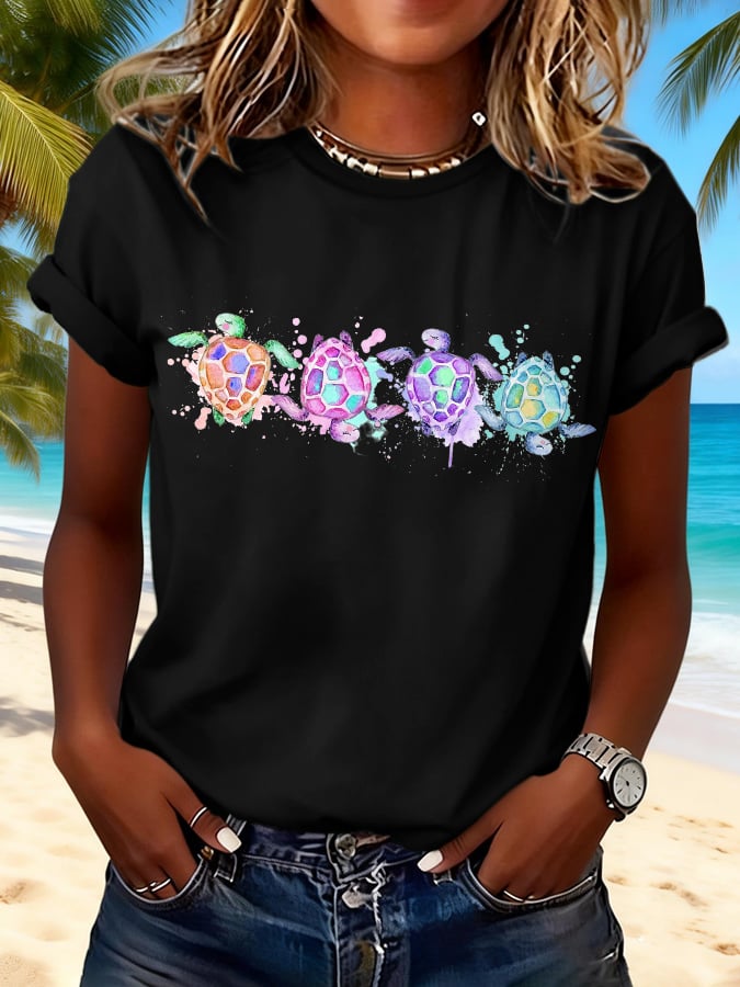 Retro Vacation Watercolor Sea Turtle Print T-Shirt