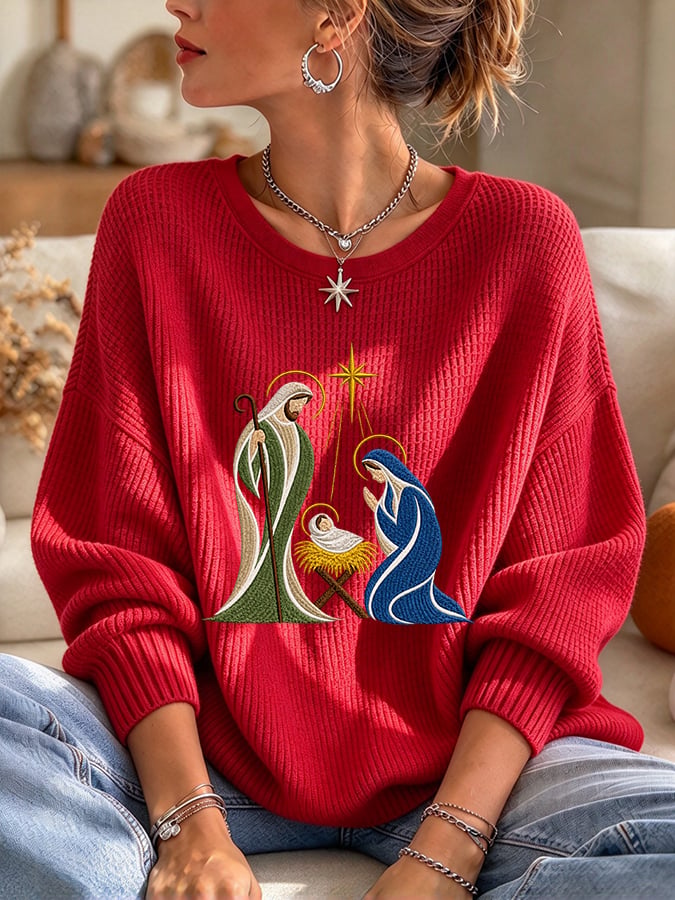 Women's Casual Printed Waffle Long-Sleeve Top
