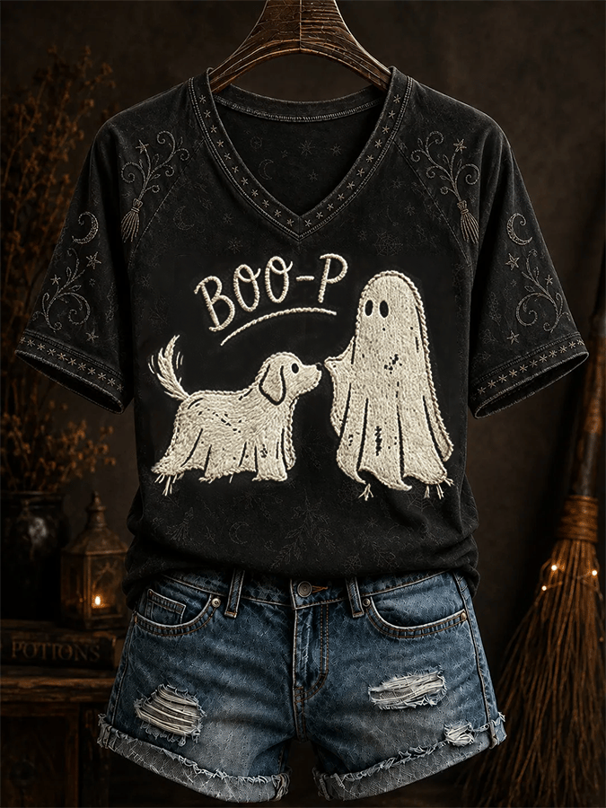 Women's Halloween Ghost Pattern Raglan V-Neck Comfortable Short-Sleeve T-Shirt