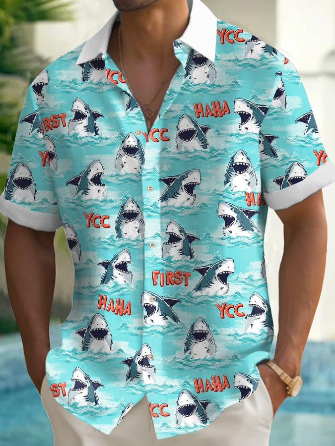 Men's Great White Shark Print Short Sleeve Shirt