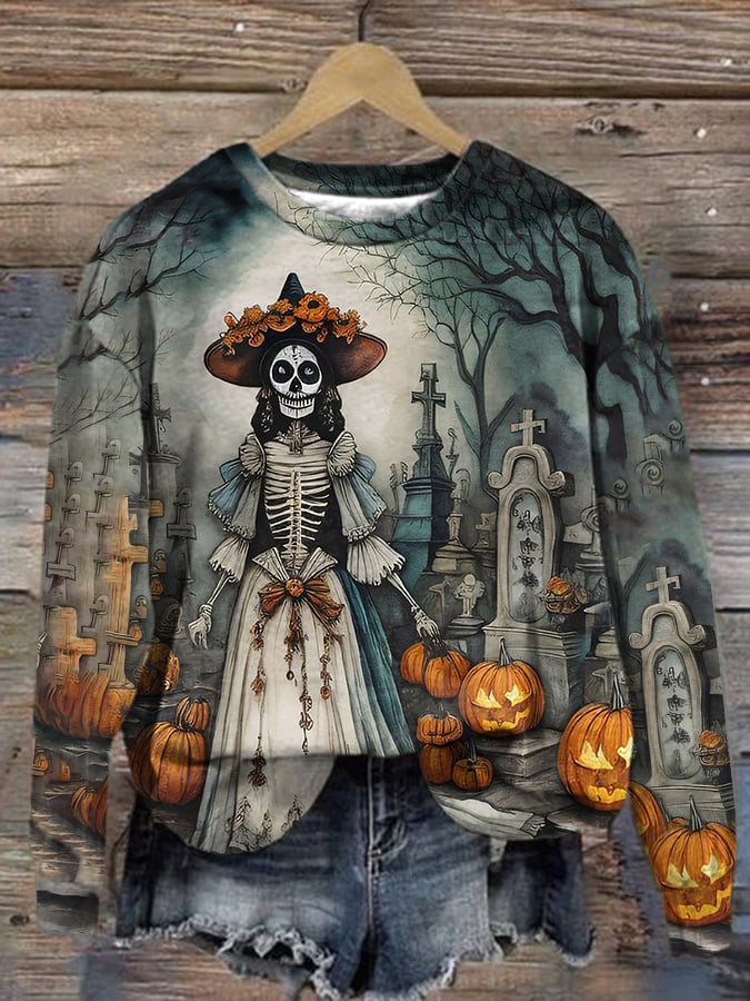 Women's Halloween Print Crew Neck Sweatshirt