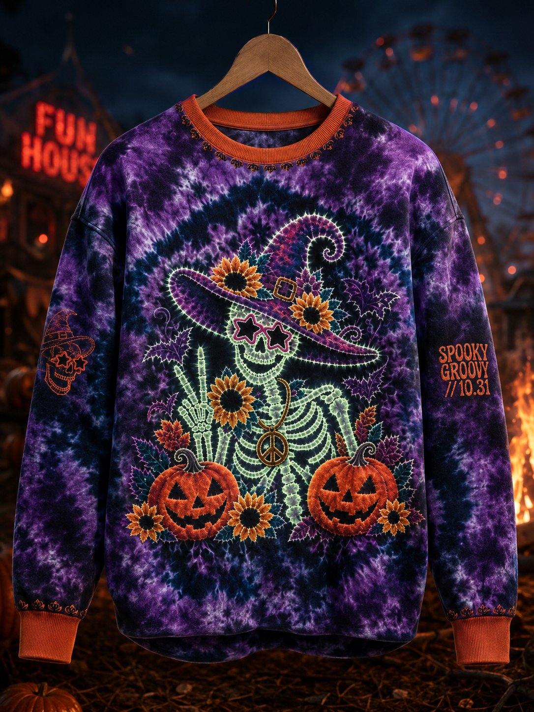 Women'S Witch Skeleton Halloween Print Sweatshirt