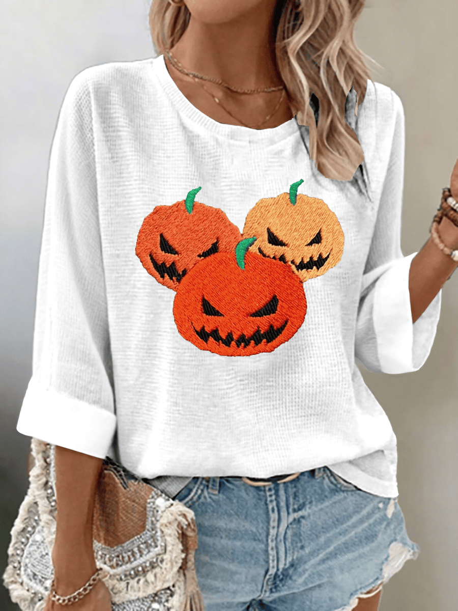 Women's Pumpkin Face Print 3/4 Sleeve T-Shirt