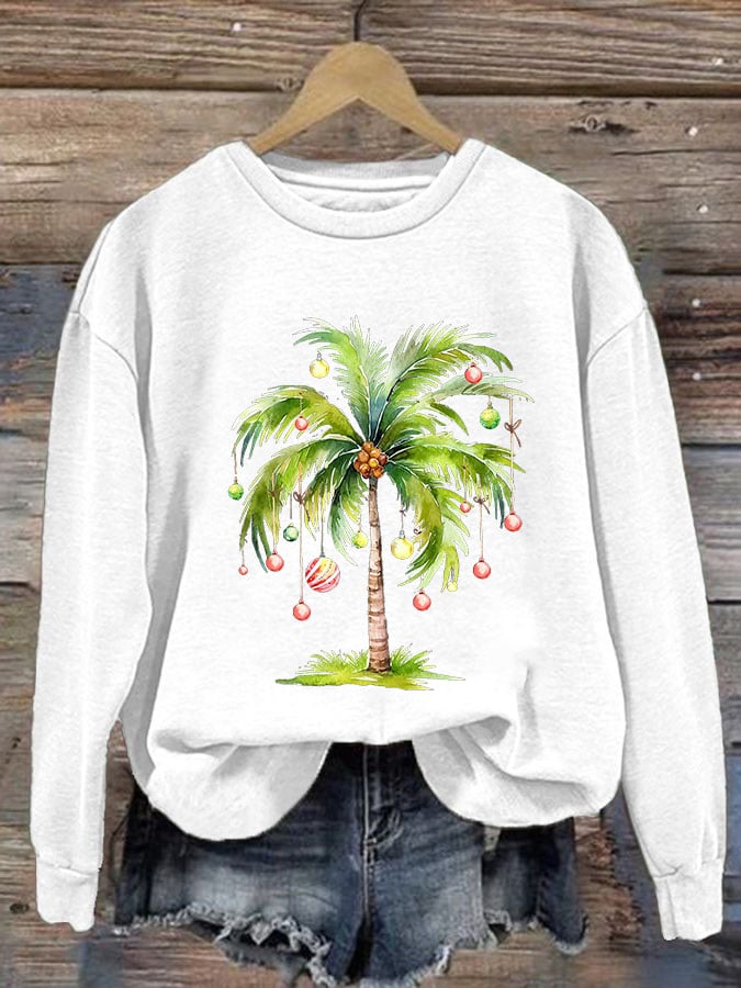 Women'S Casual Christmas Palm Tree Printed Long Sleeve Sweatshirt