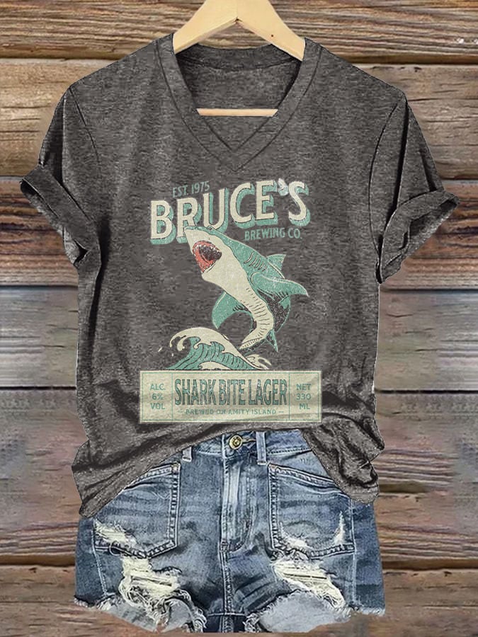 Women's Bruce's Brewing Co. Shark Bite Lager Print V Neck T-shirt